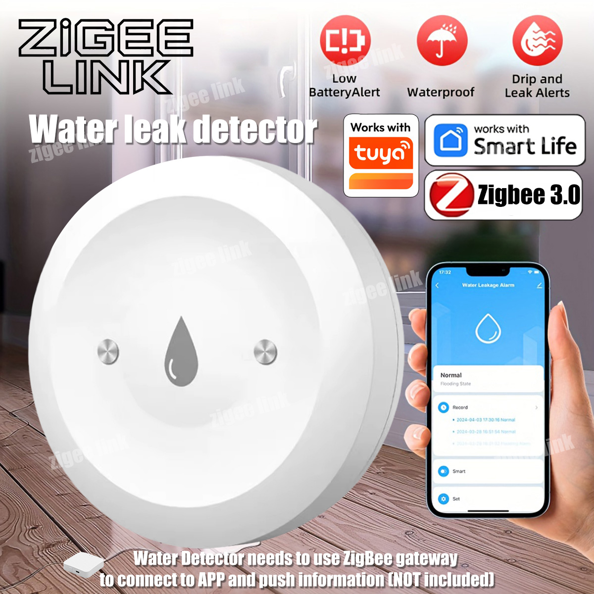 Water Alarm Sensor - เซ็นเซอร์น้ำ ZigBee 3.0 เครื่องตรวจจับการรั่วไหลของน้ำอัจฉริยะ เครื่องตรวจจับน้ำรั่วไหล ทำงานร่วมกับเกตเวย์